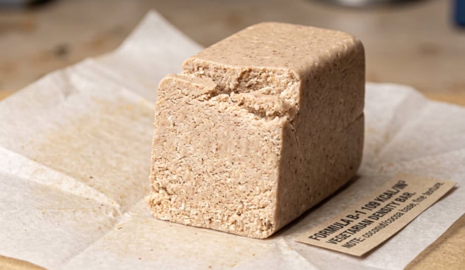 A pale, fine-textured compressed vegetarian ration bar on baking parchment, with a card reading Formula B-1, 109 kcal per cubic inch, coconut and cocoa base.