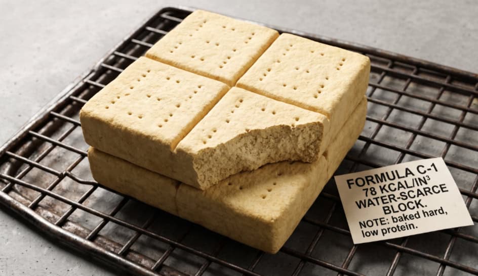 Four pale, hard-baked square ration blocks with docking holes, stacked on a cooling rack, beside a card reading Formula C-1, 78 kcal per cubic inch, water-scarce block.