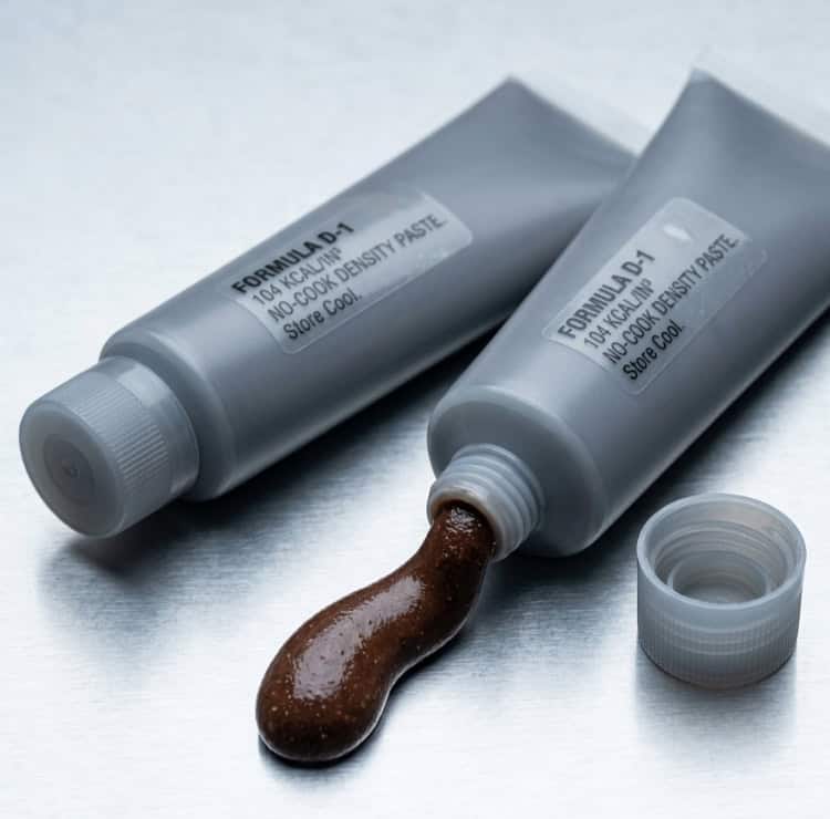 Two grey squeeze tubes of dark brown high-calorie paste, one open with paste extruded onto a steel surface, labelled Formula D-1, 104 kcal per cubic inch, no-cook density paste.