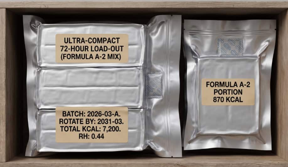 A wooden crate holding sealed silver mylar pouches with oxygen absorbers. The large pouch is labelled Ultra-Compact 72-Hour Load-Out, Formula A-2 mix, batch 2026-03-A, rotate by 2031-03, total 7,200 kcal, RH 0.44. A smaller pouch is labelled Formula A-2 portion, 870 kcal.